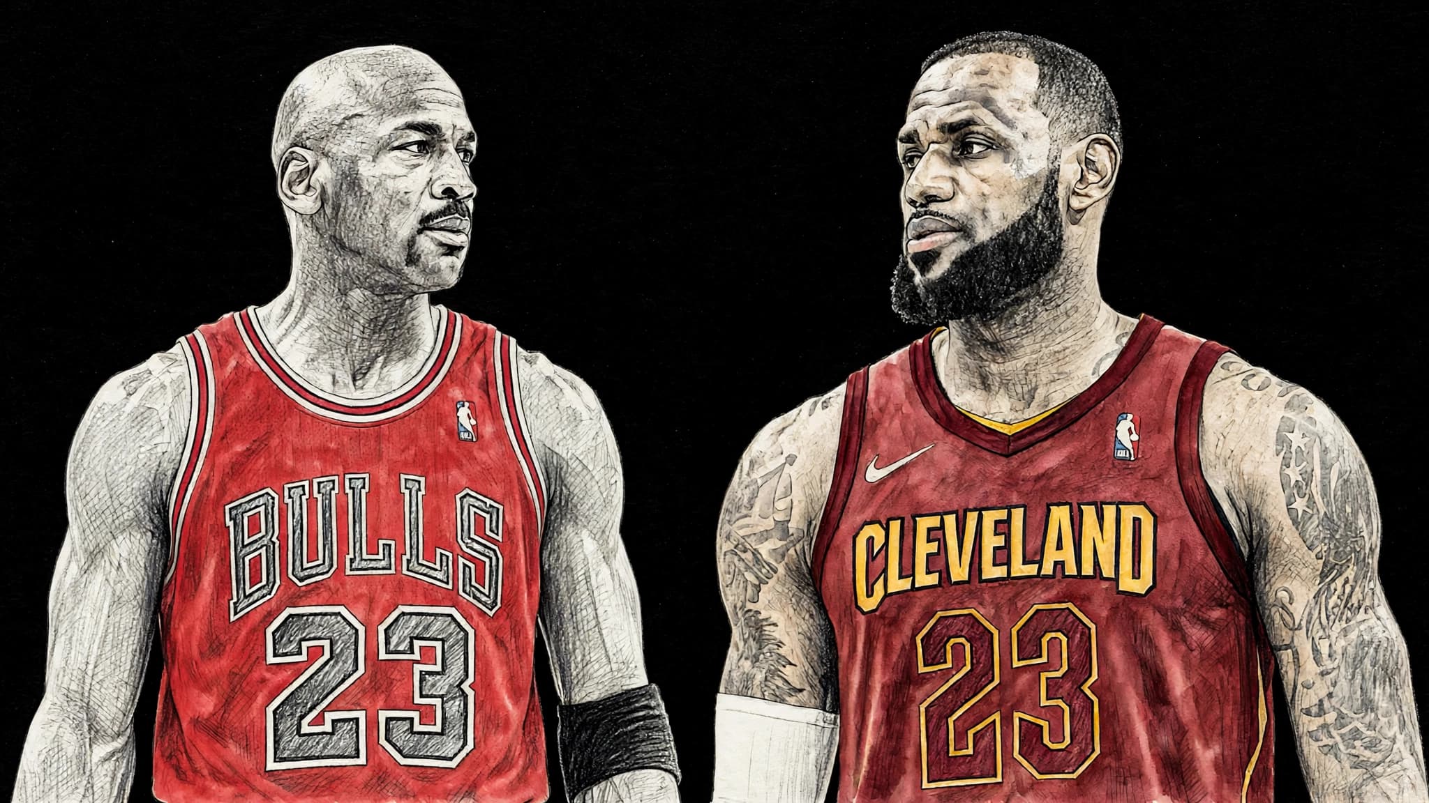 Pencil-sketch portrait of Michael Jordan in a Chicago Bulls jersey facing LeBron James in a Cleveland Cavaliers jersey, both wearing number 23